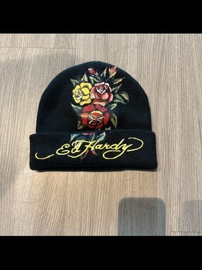 Ed Hardy Black Beanie with Yellow Script and Red Floral Embroidery